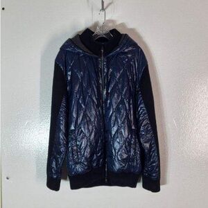 DKNY Men's XL Quilted Full Zip Hooded Bomber Jacket Elastic Waist Navy Blue